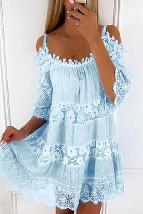 kathiadress Princess Style  Off Shoulder Lace Strap Casual Solid Loose Fit Dress