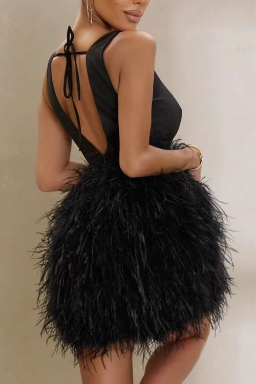 Black Swan Waistband Sleeveless Feather Party Dress