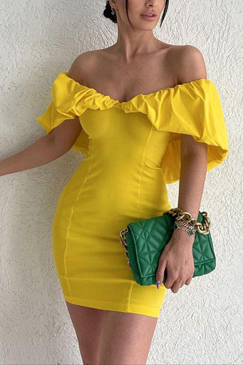 Leisure vacation style pleated shoulder Package hip dress