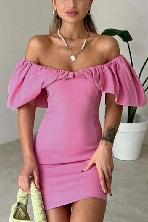 Leisure vacation style pleated shoulder Package hip dress