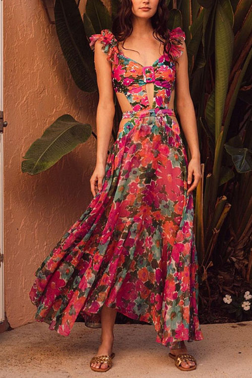  ruffled shoulder strap buckle and hollowed out backless  swimsuit + umbrella skirt