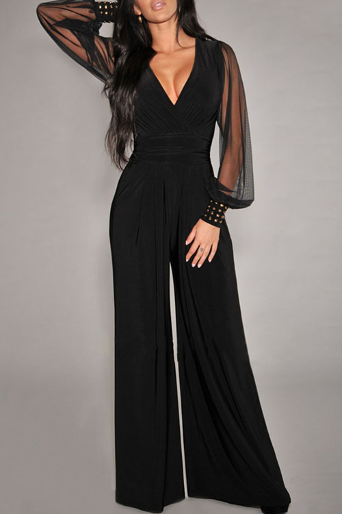 V-neck mesh stitching rivet straight tube jumpsuit