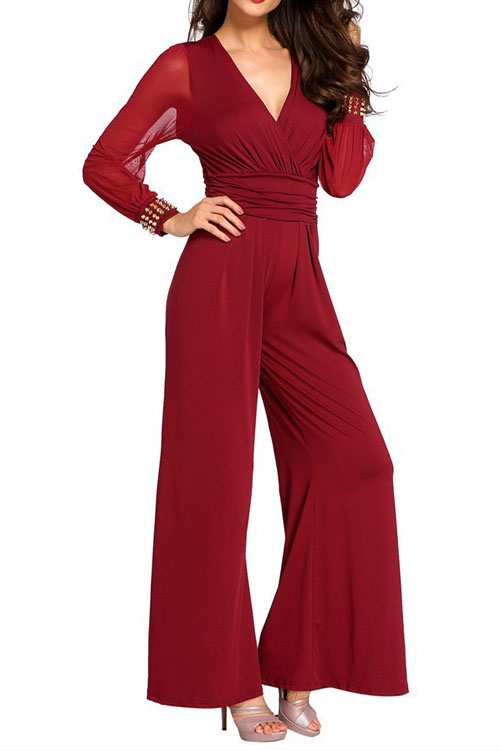 V-neck mesh stitching rivet straight tube jumpsuit
