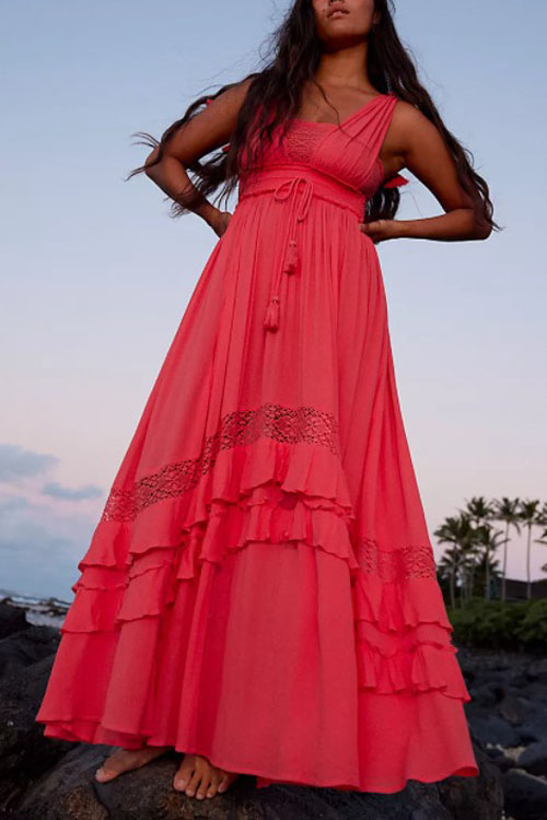 Folk style beach slim fitting pleated long dress