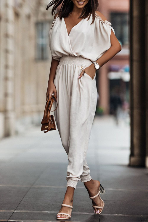 Kathiadress V-neck pocket elastic waist casual jumpsuit