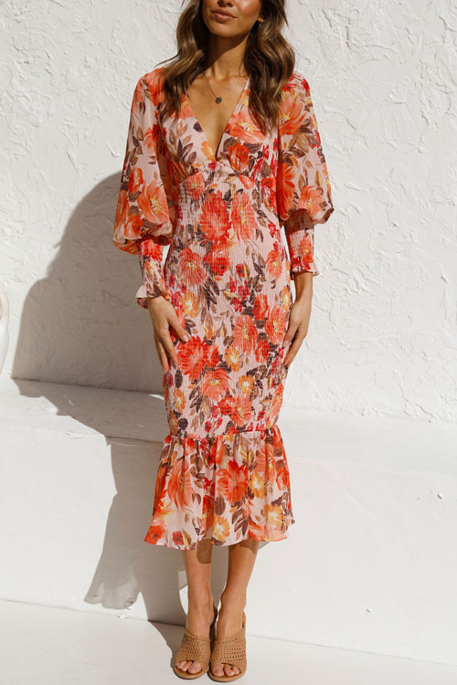Kathiadress Long sleeved V-neck printed ruffle dress