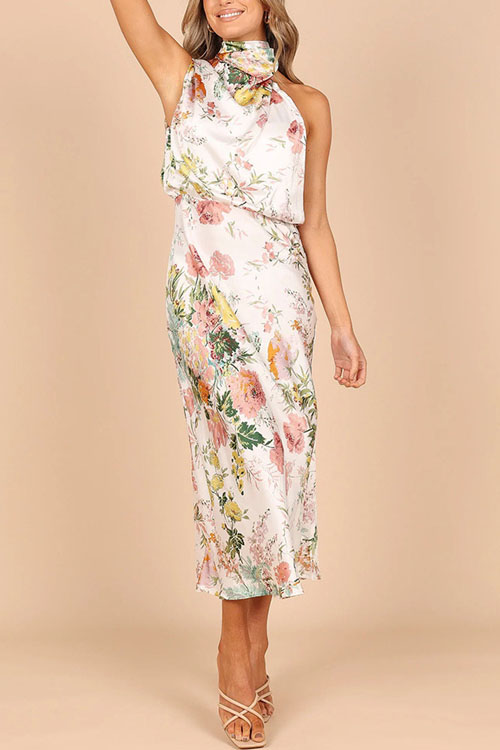 Kathiadress Temperament Sleeveless Hanging Neck Printed Satin Dress