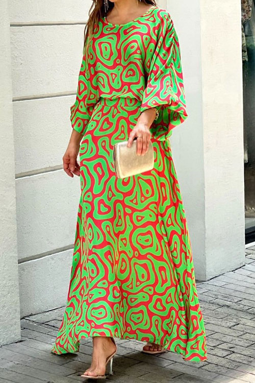 Kathiadress Loose print long sleeved top high waisted skirt set