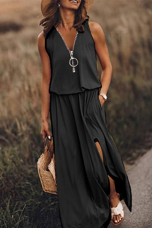 Kathiadress Sleeveless casual waist closure zipper printed dress