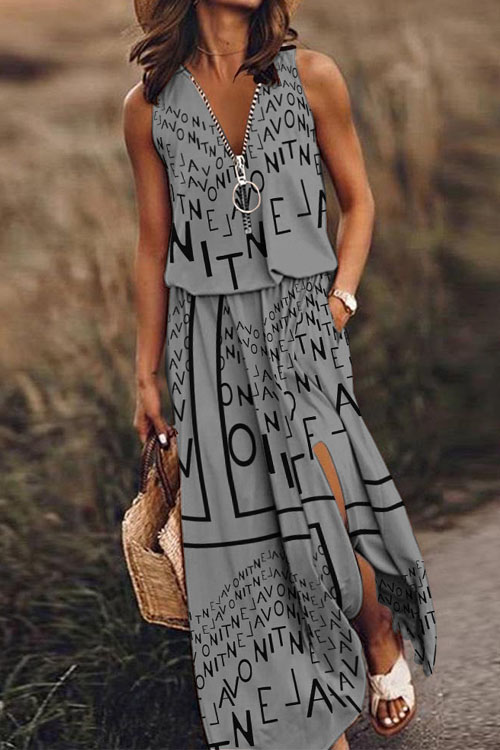 Kathiadress Sleeveless casual waist closure zipper printed dress