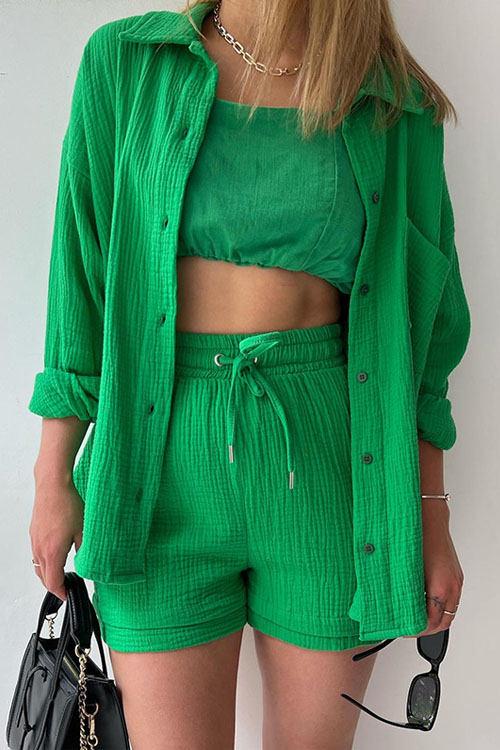 Kathiadress Crumple cloth lapel shirt high waist shorts casual suit