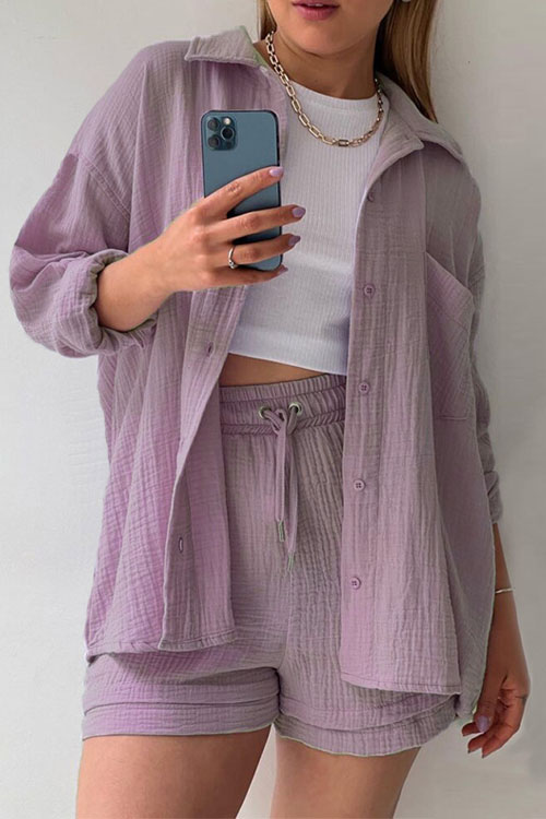 Kathiadress Crumple cloth lapel shirt high waist shorts casual suit