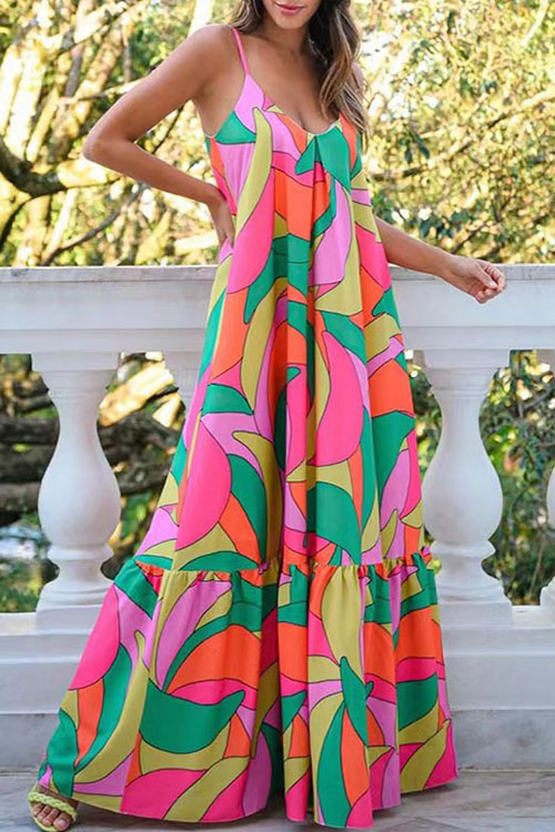 Kathiadress French Deep V-Neck Open Back Print Dress