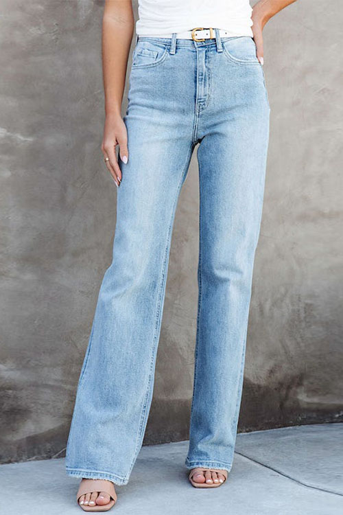 Kathiadress Fashionable and minimalist slim fitting straight tube light blue jeans