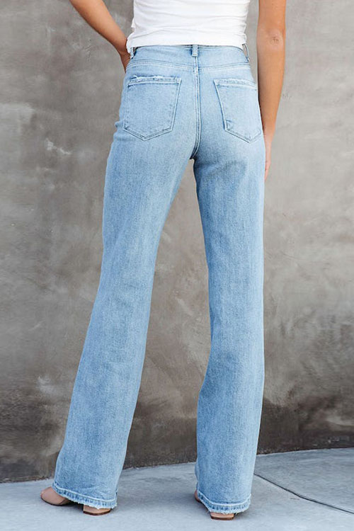 Kathiadress Fashionable and minimalist slim fitting straight tube light blue jeans