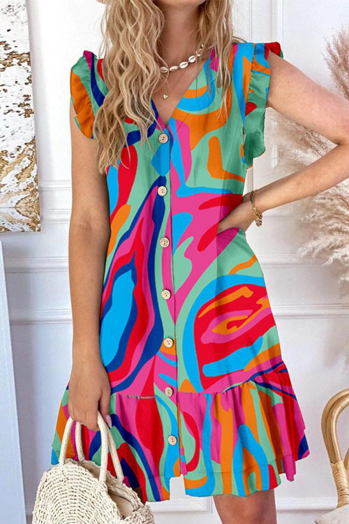 Kathiadress V-neck button fly sleeve loose print dress