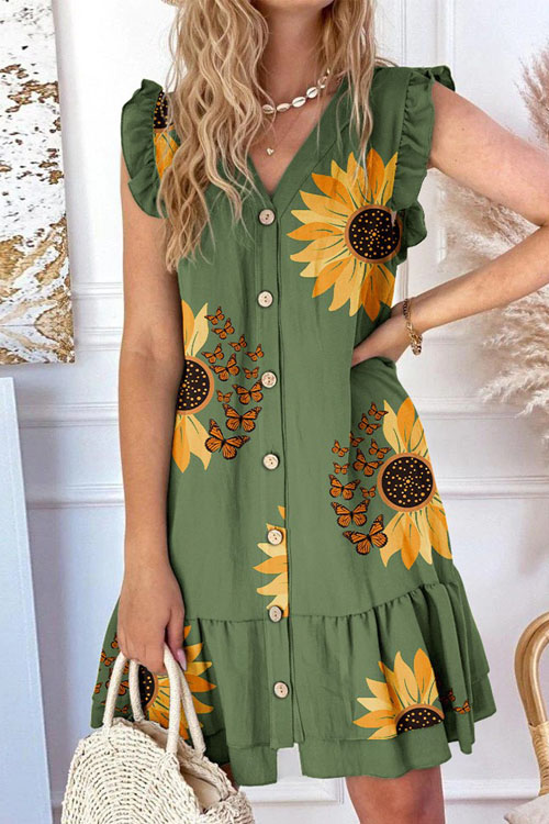 Kathiadress V-neck button fly sleeve loose print dress