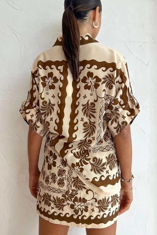 Kathiadress  Brown Printed Shorts Loose Blouse Casual Set