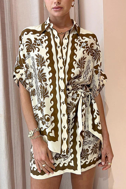 Kathiadress  Brown Printed Shorts Loose Blouse Casual Set