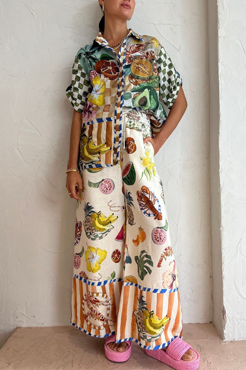 Kathiadress Fruit fashion casual print two-piece suit shirt + wide-leg pants