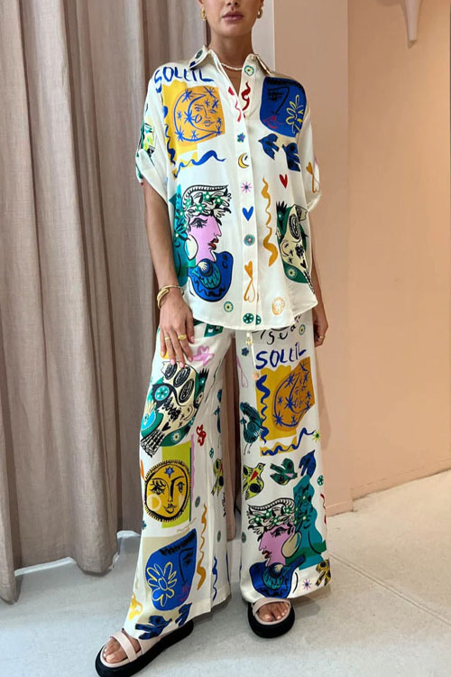 Kathiadress Graffiti loose satin lapel short-sleeved shirt + wide-leg trousers