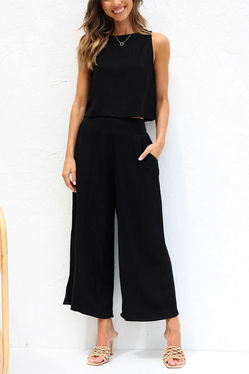 Kathiadress Casual Cotton Linen Suit Sleeveless Vest + Pocket Wide Leg Pants Set