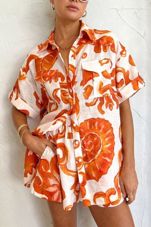  Kathiadress Orange Printed Shorts Loose Blouse Casual Set