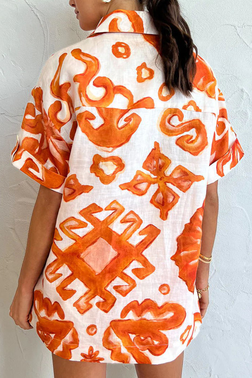  Kathiadress Orange Printed Shorts Loose Blouse Casual Set