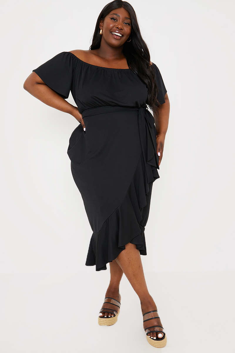 Black frill hotsell bardot dress