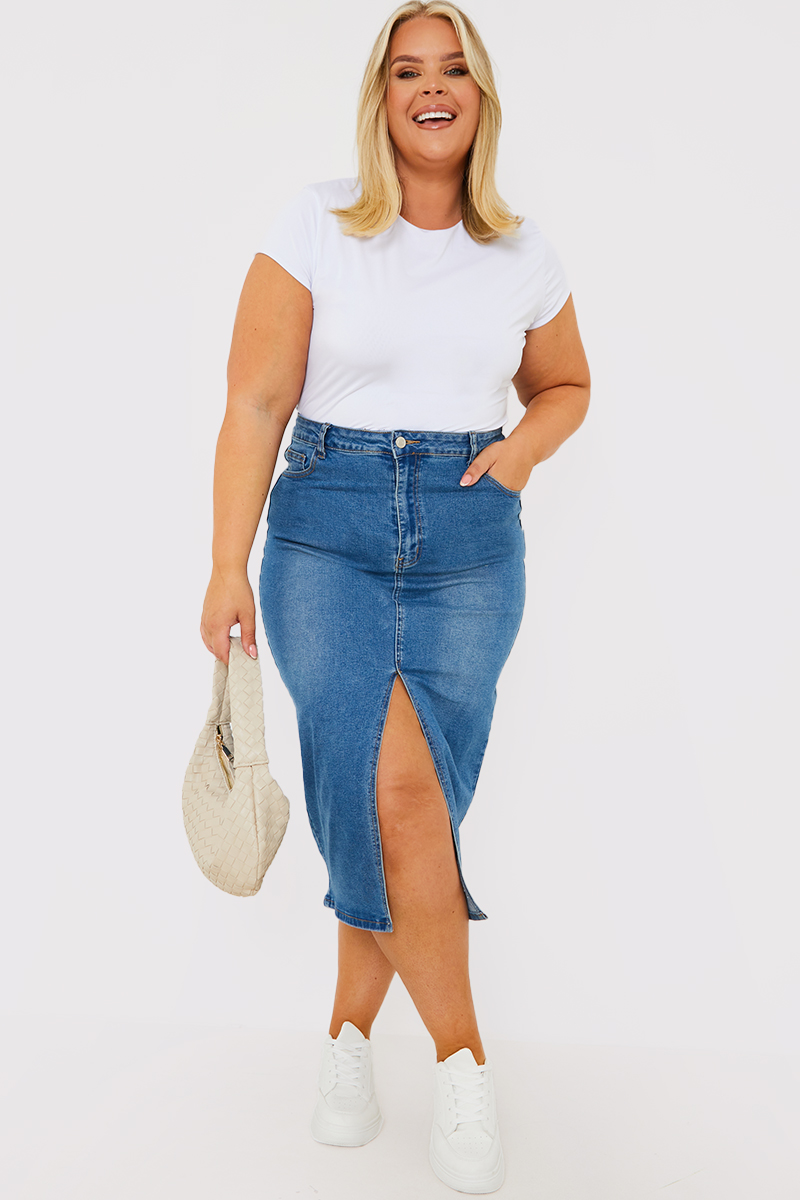 Plus size denim midi hot sale skirt