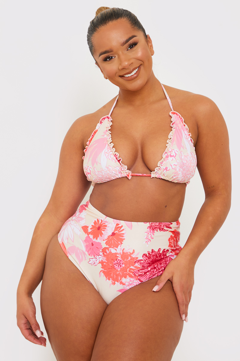 Floral Print Frill Triangle Bikini Top In The Style UK