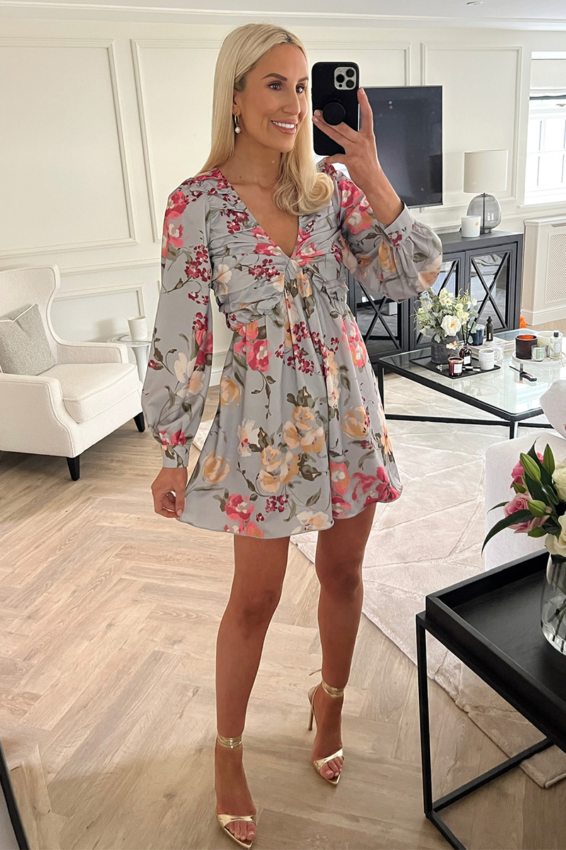 Floral Balloon Sleeve Ruched Bodice Playsuit