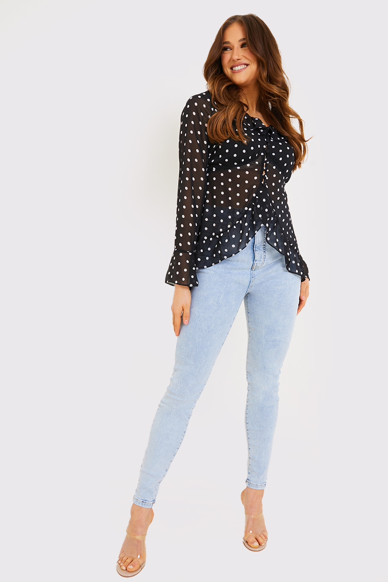 Polka Dot Chiffon Frill Tie Blouse