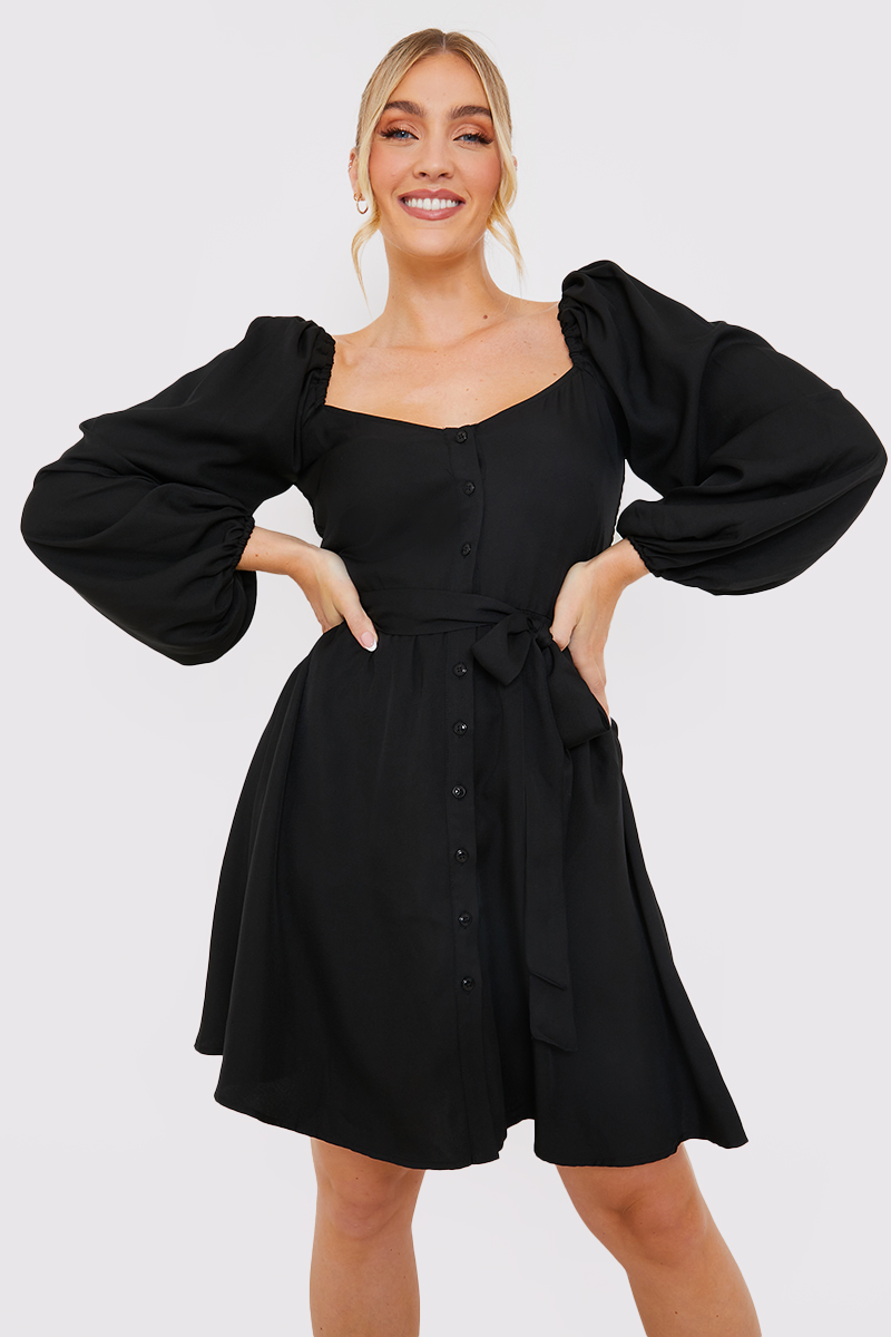 Button Down Puff Sleeve Mini Dress