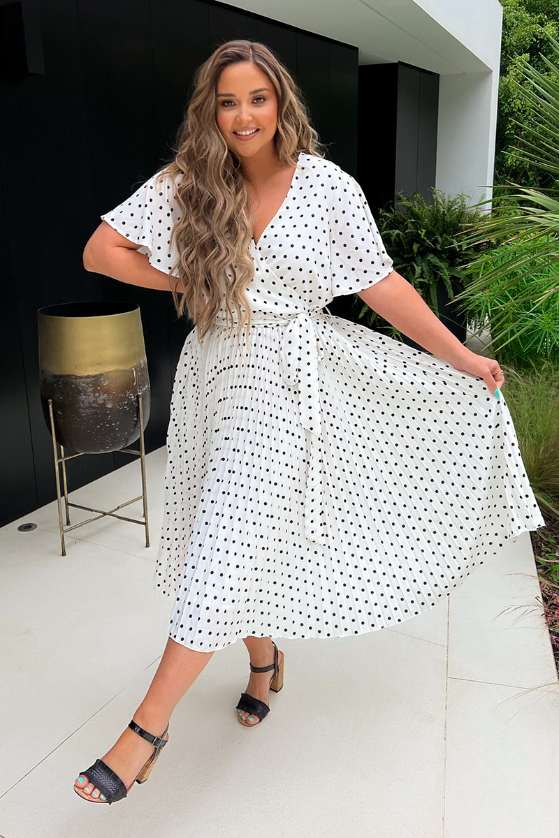 Polka Dot Print Pleated Wrap Midi Dress