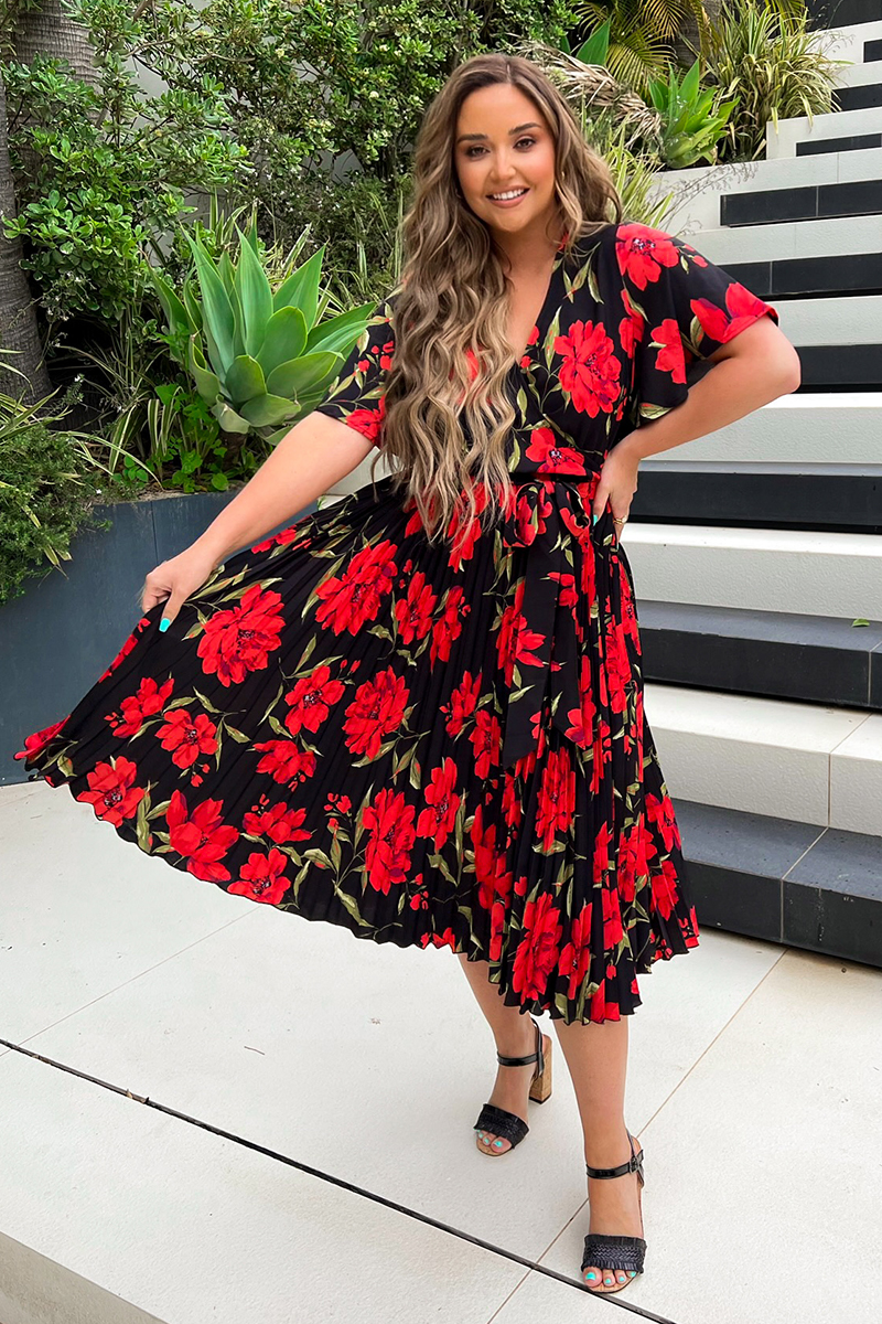 Black and red floral midi dress sale