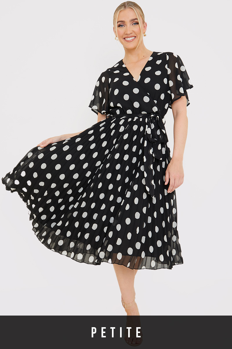Polka Dot Print Pleated Wrap Midi Dress
