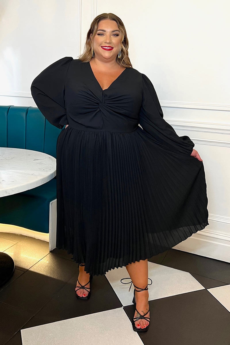 Twist Front Balloon Sleeve Pleated Midi Dress