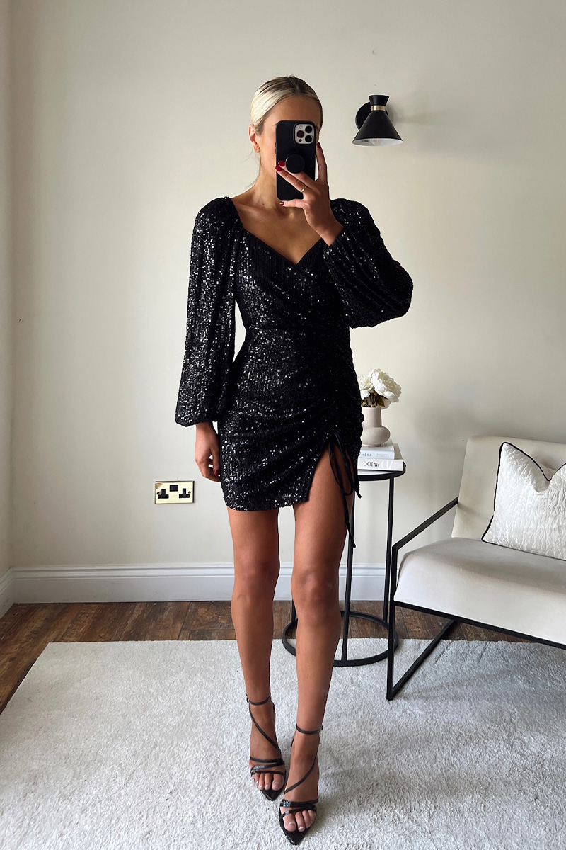 Sequin Puff Sleeve Ruched Dress