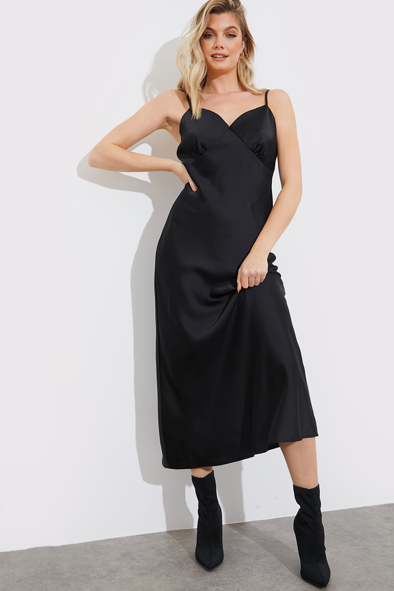 Black satin plunge clearance dress