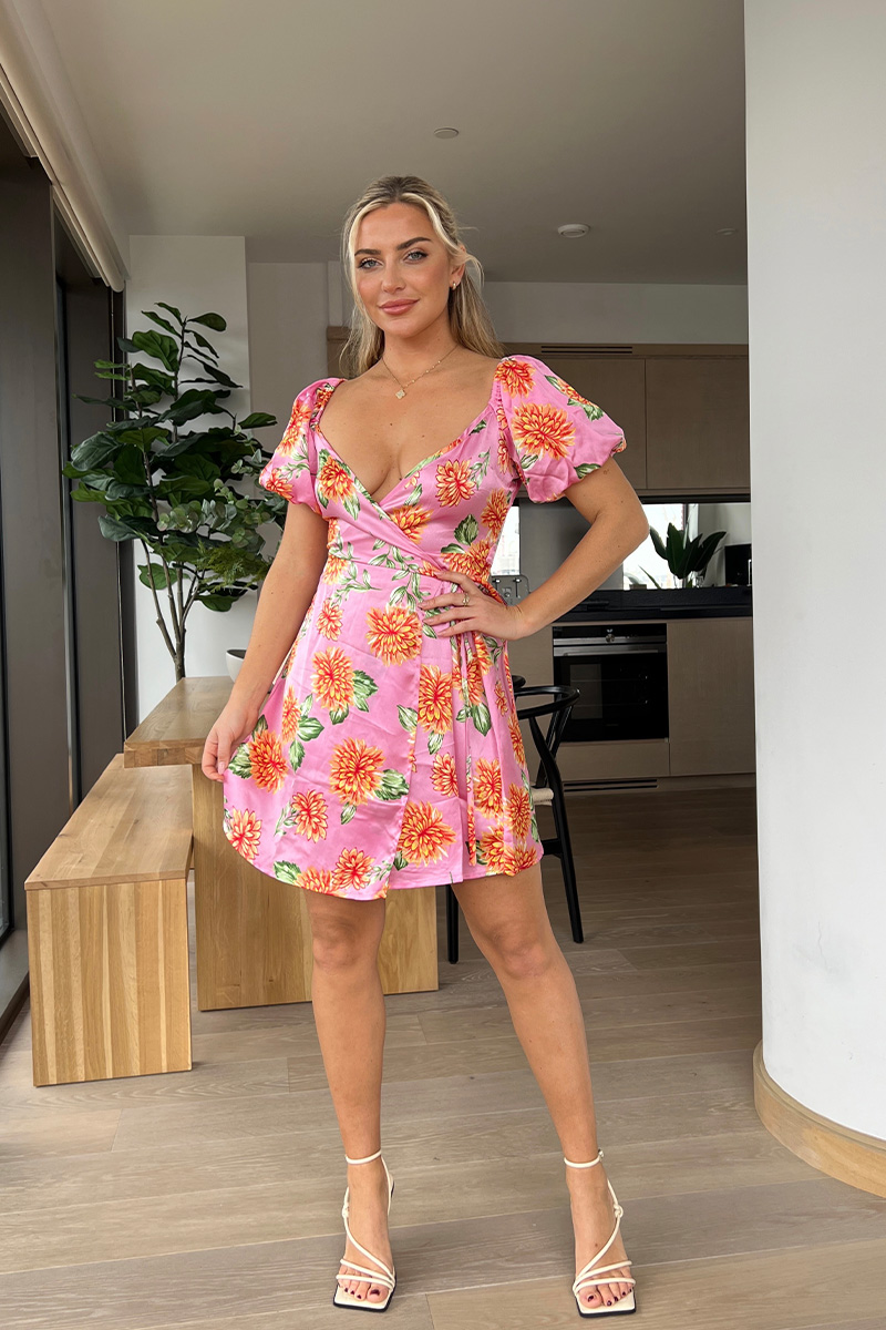 Floral satin wrap sales dress