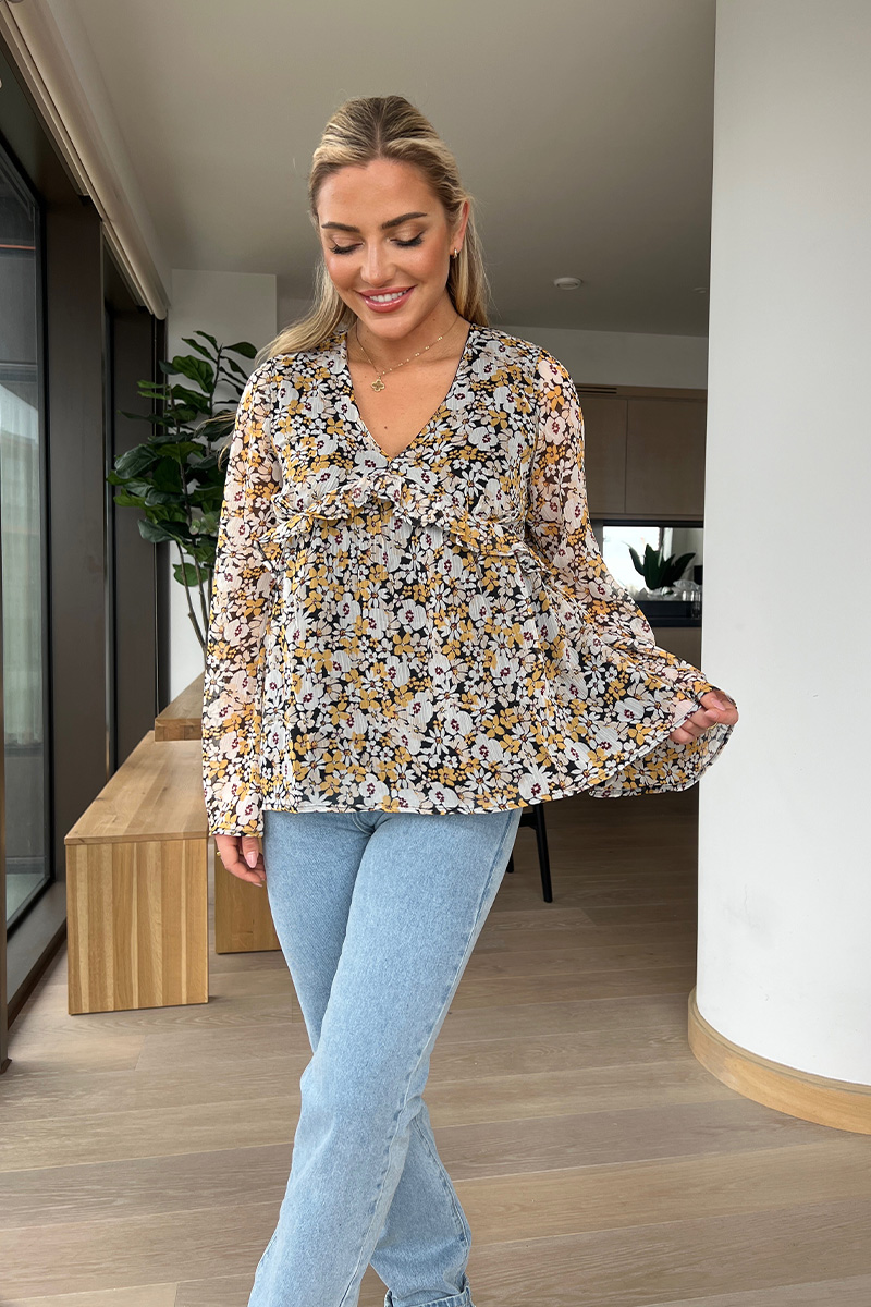 Plunge Long Sleeve Floral Top