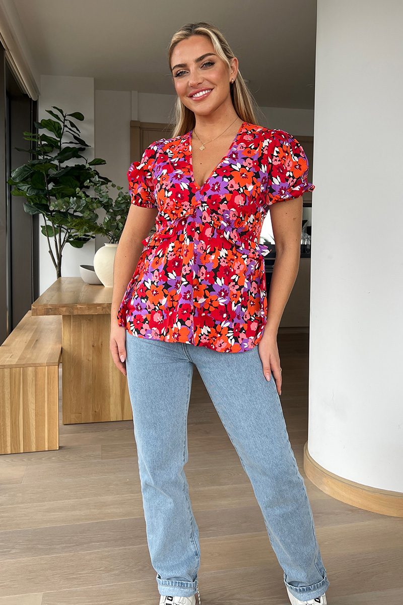 Floral Plunge Puff Sleeve Top