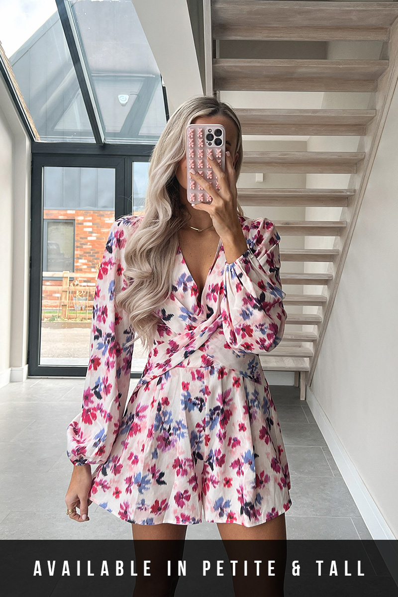 Floral Print Twist Front Balloon Sleeve Playsuit