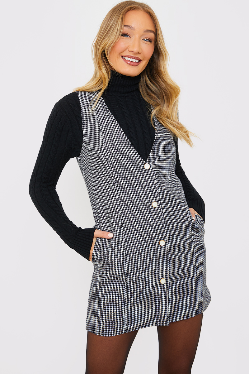 Check Button Detail Pinafore Dress