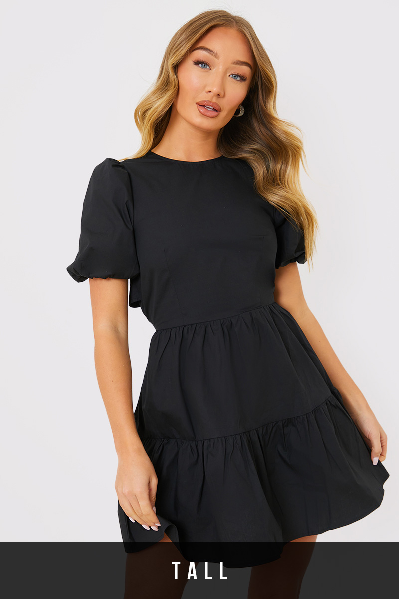 Puff Sleeve Smock Dress With Open Back Detailing