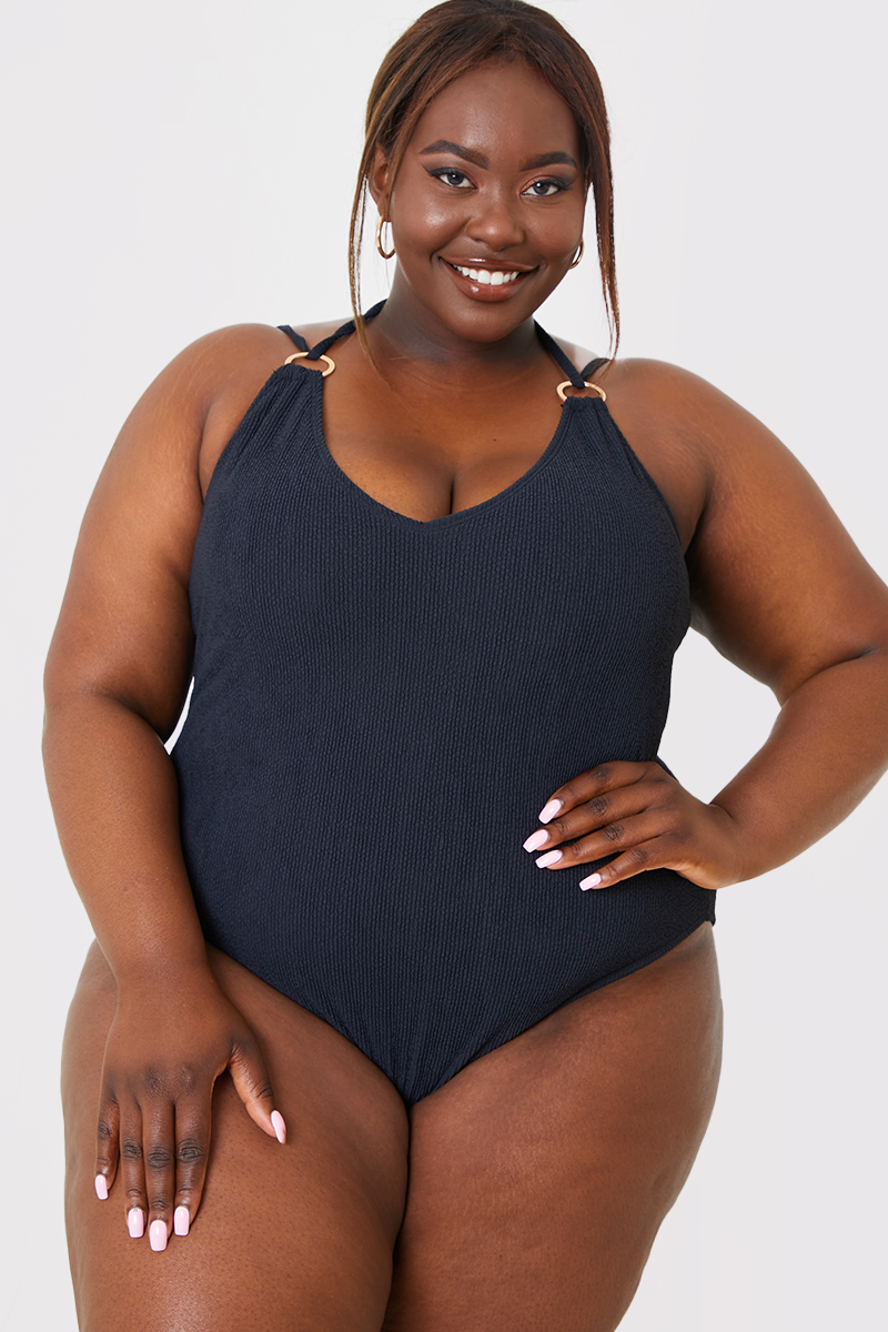 Double Strap Ring Detail Control Crinkle Swimsuit