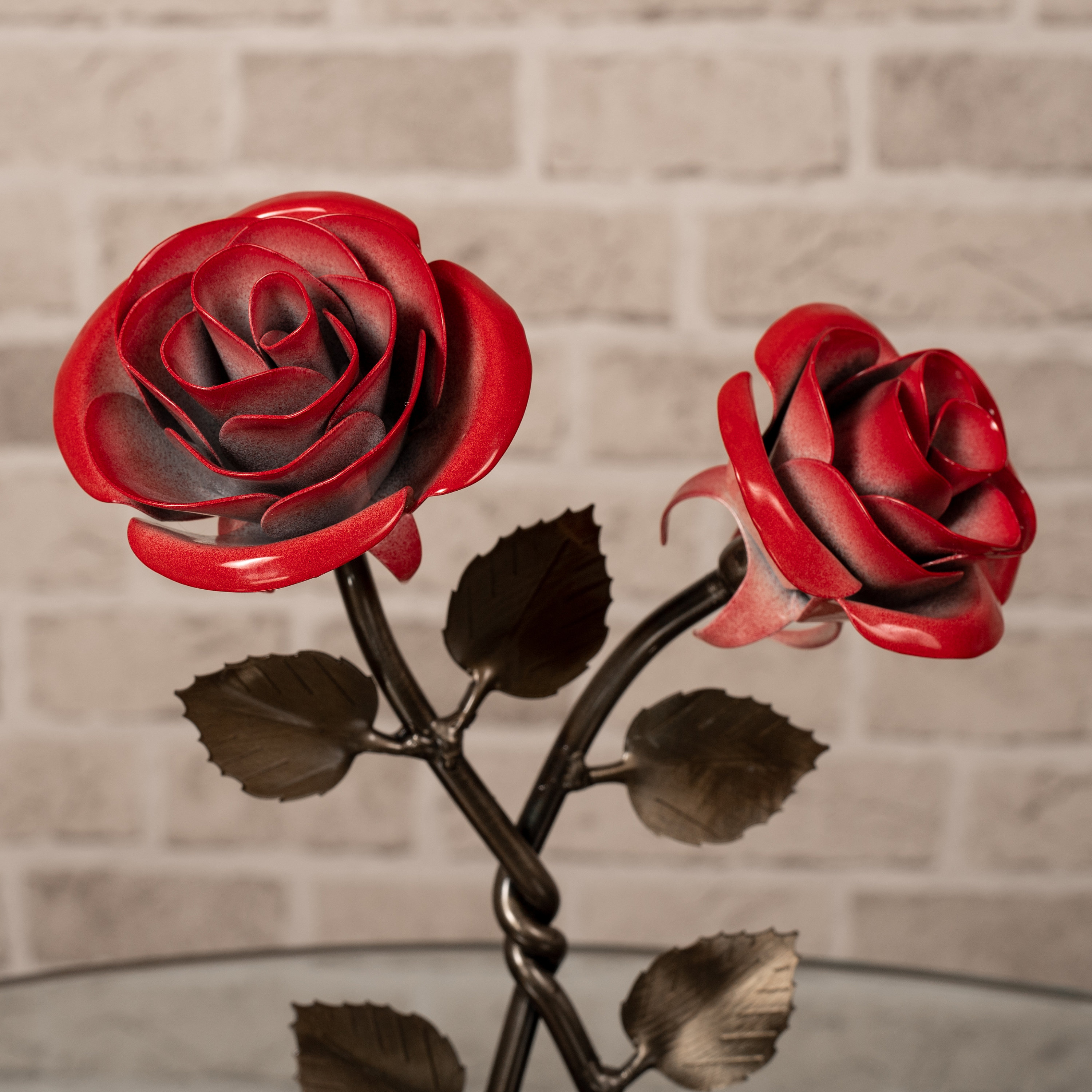 Wrought Iron Double Red Metal Rose with Twist