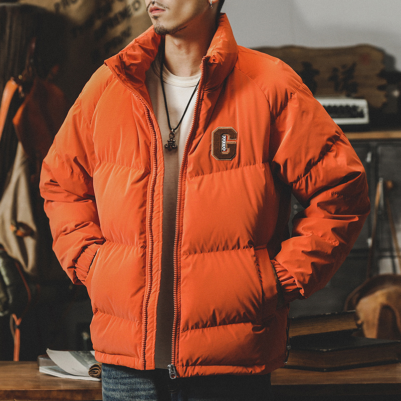 90白鴨絨PU革輕薄橘色羽絨服男冬季2022年新款男士保暖外套