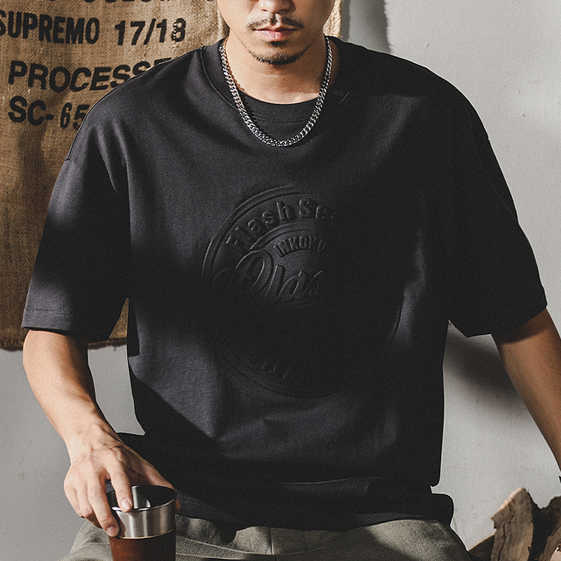 美式230g重磅T恤男士短袖寬鬆潮牌男裝鋼印立體純棉體恤男款夏季